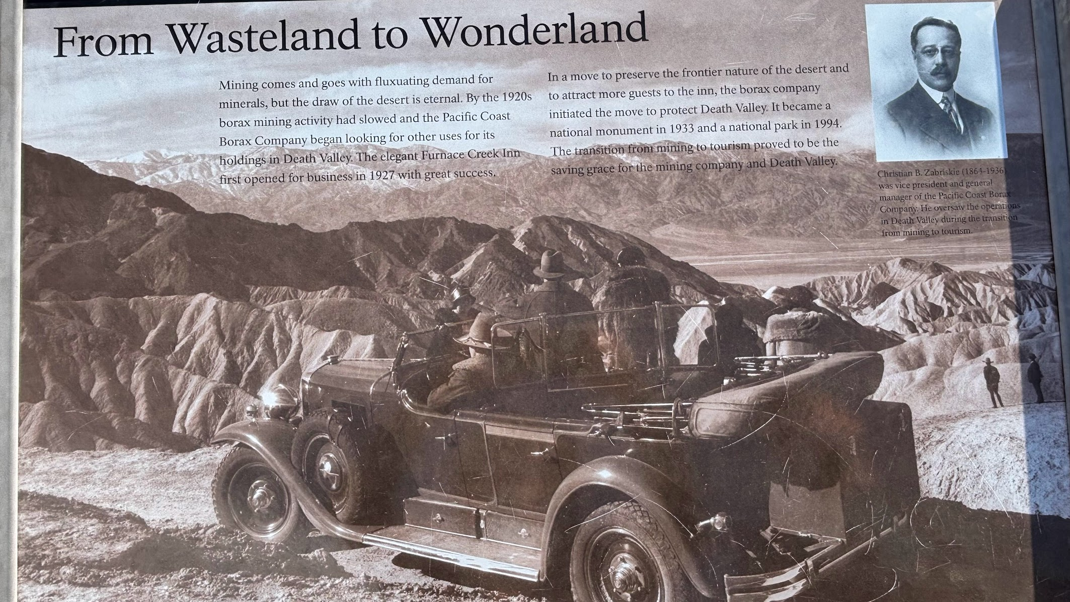 Christian B. Zabriskie visiting borax mining site in Death Valley (source: information board at Zabriskie Point)