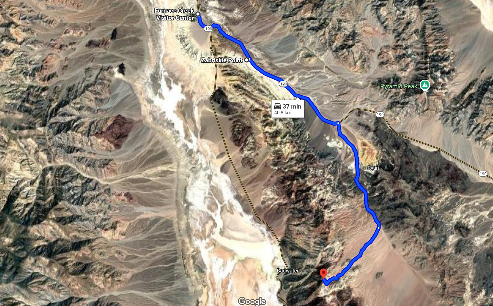 Route from Furnace Creek Visitor’s Center to Zabriskie Point and Dante’s View