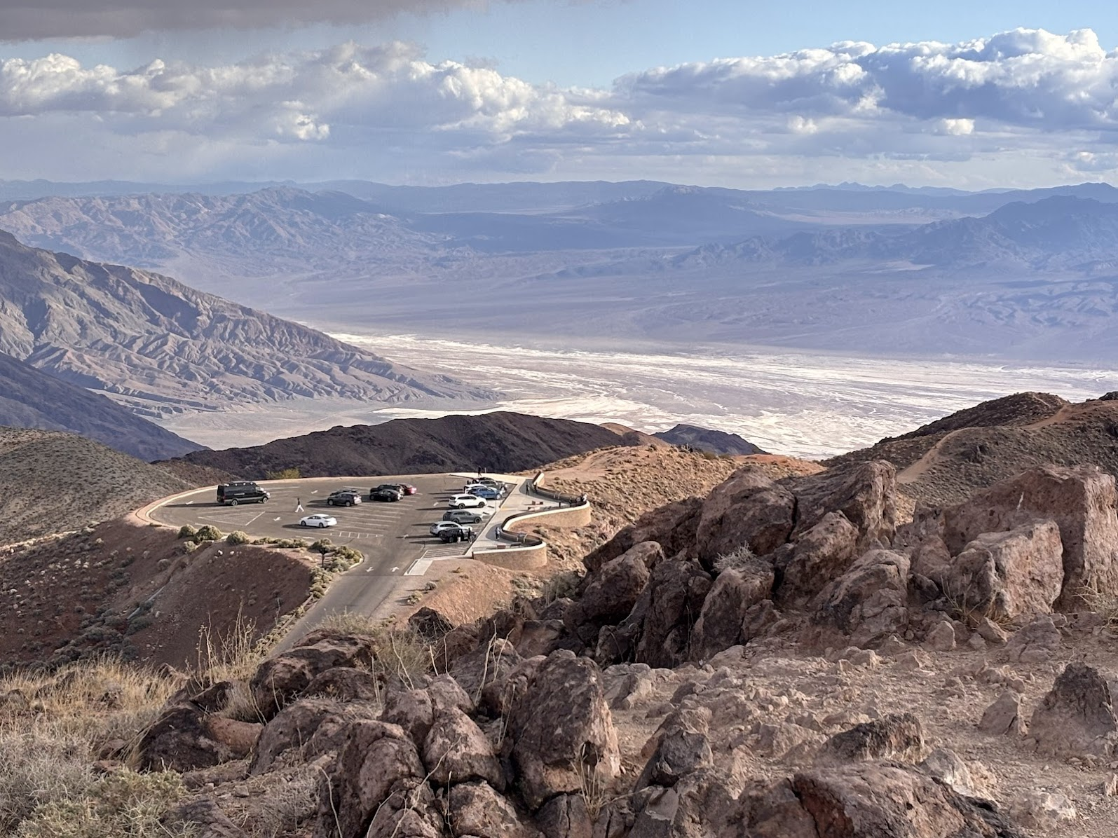 Dante’s View parking and Death Valley surrounded by Black and Panamint Mountains