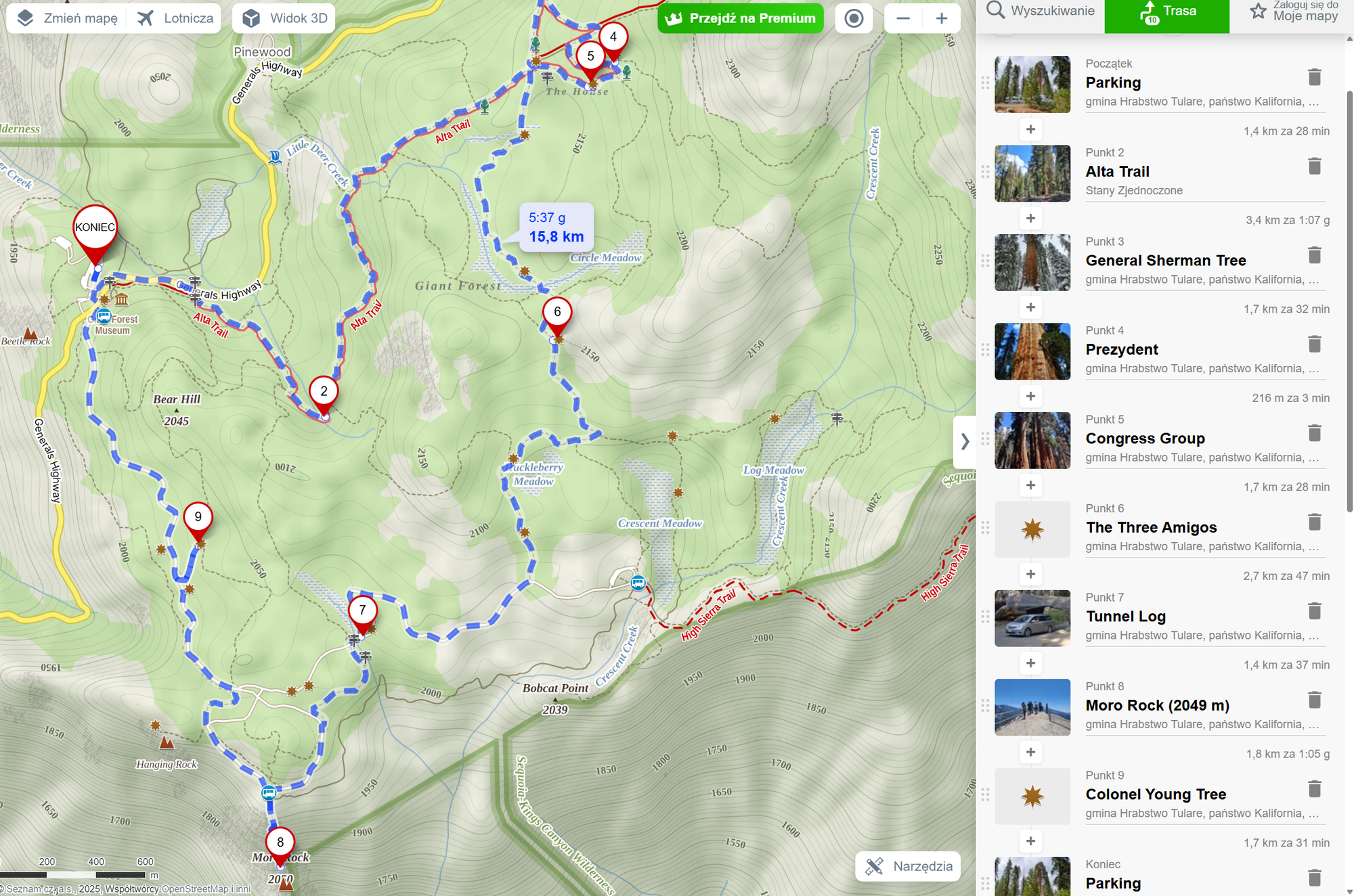 Our route in Sequoia National Park (16km, 600m of total elevation)