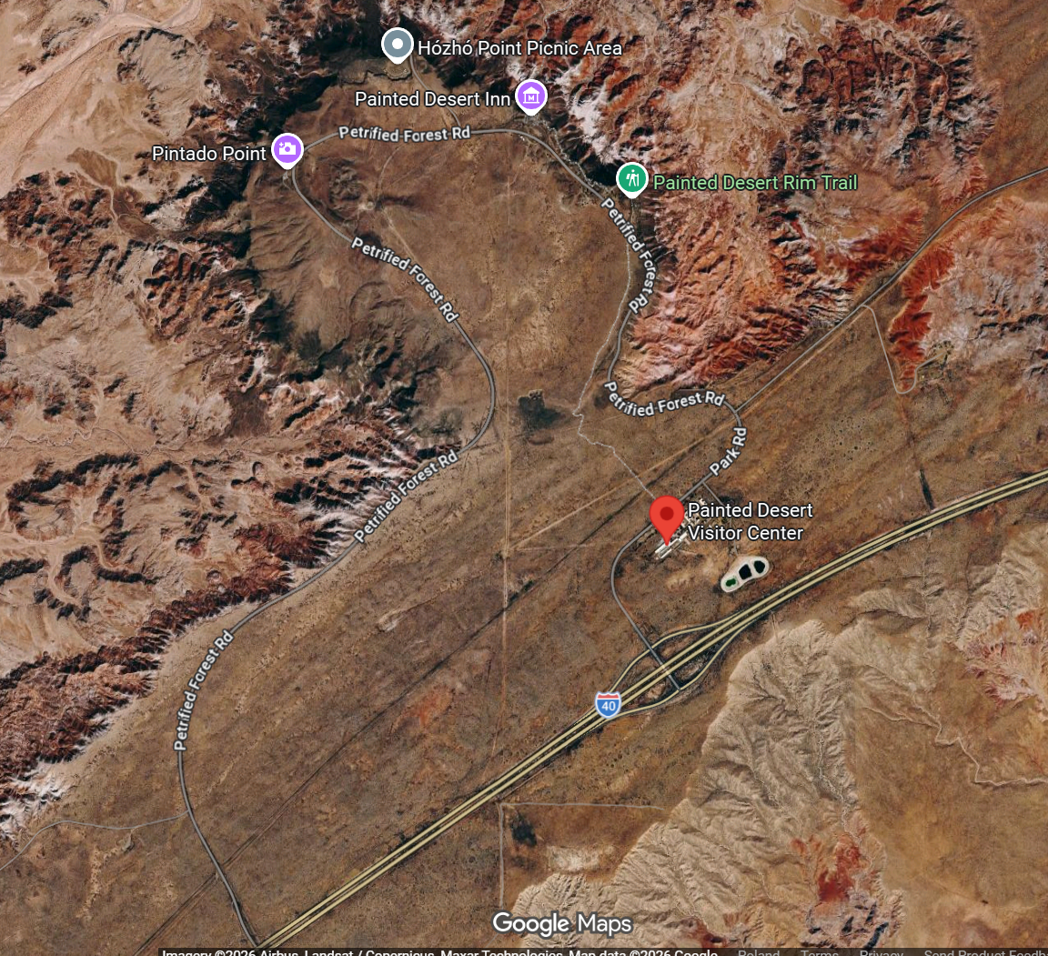 Layout of the Petrified Forest Road across Painted Desert (Google Maps)