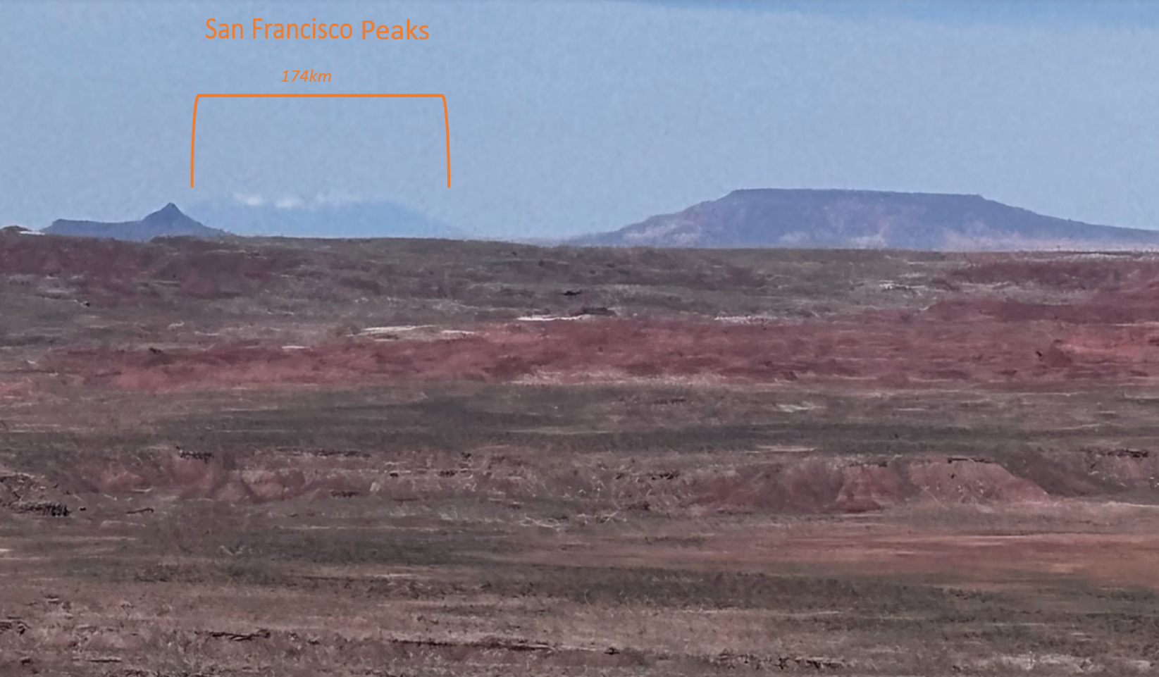San Francisco Peaks viewed from Painted Desert - 173km away