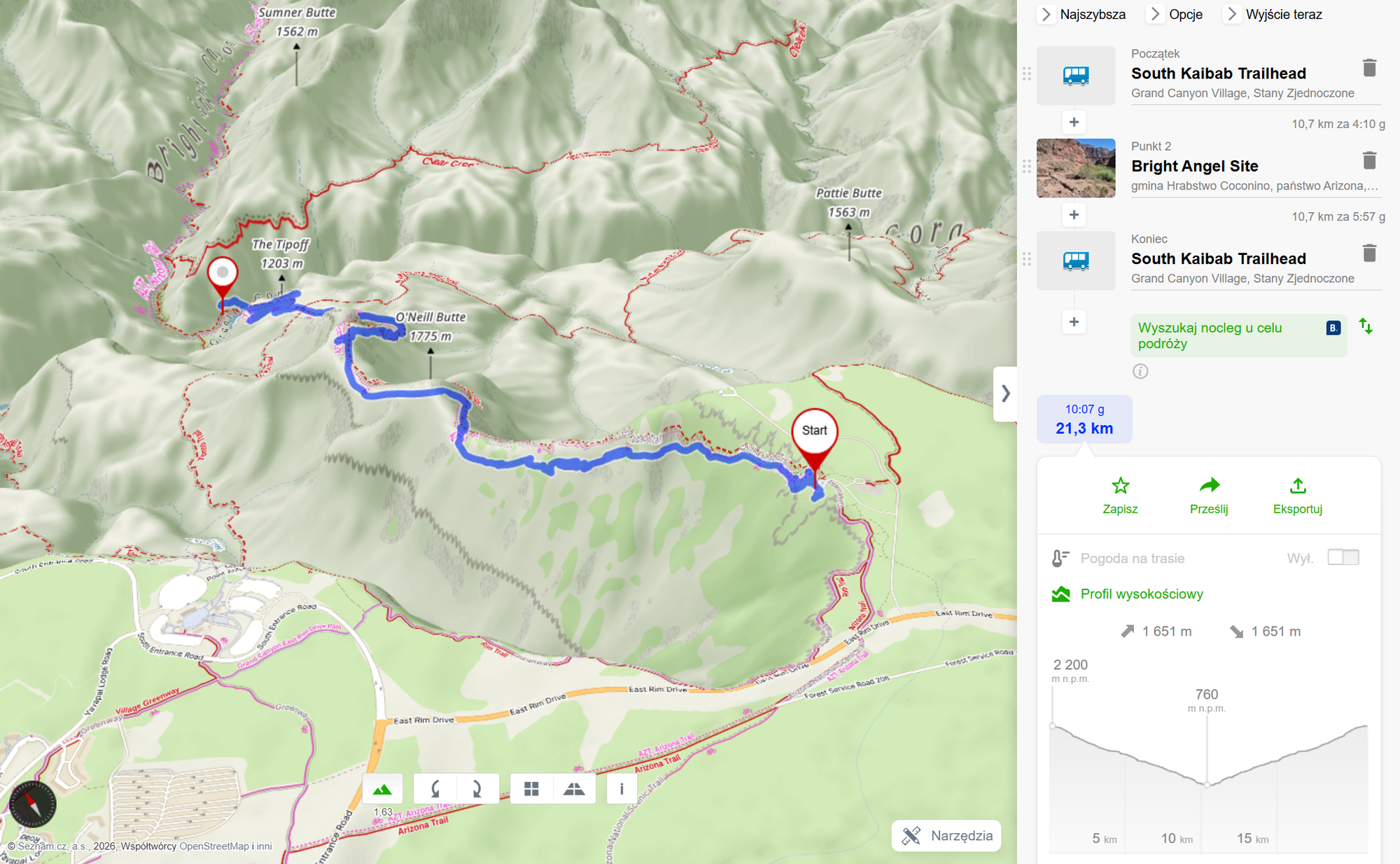 3D view of South Kaibab Trail (by mapy.cz) - 21.5km with 1660m total elevation gain (round trip). Bottom left - Grand Canyon National Park Visitor Center