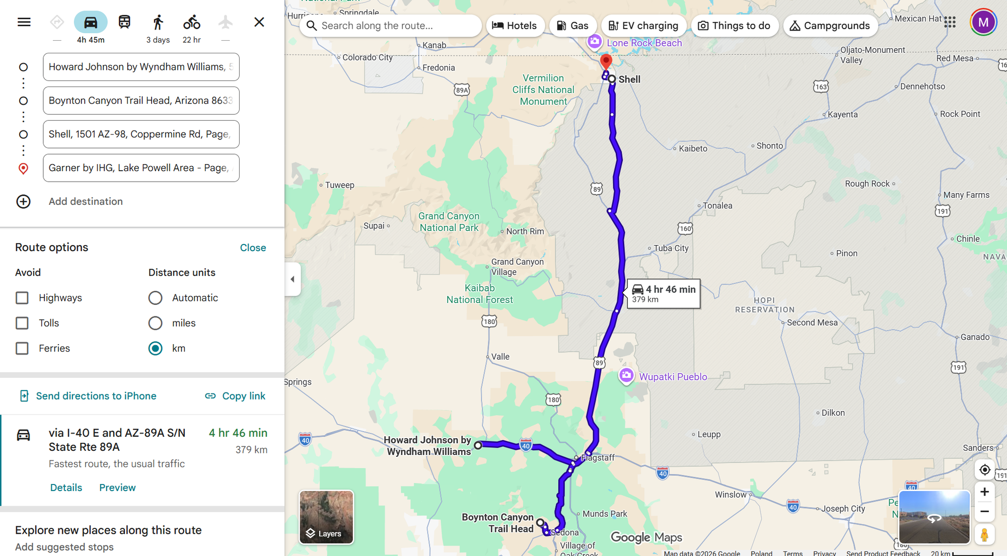 Day 7, Williams, AZ => Sedona, AZ => Page, AZ (380km)