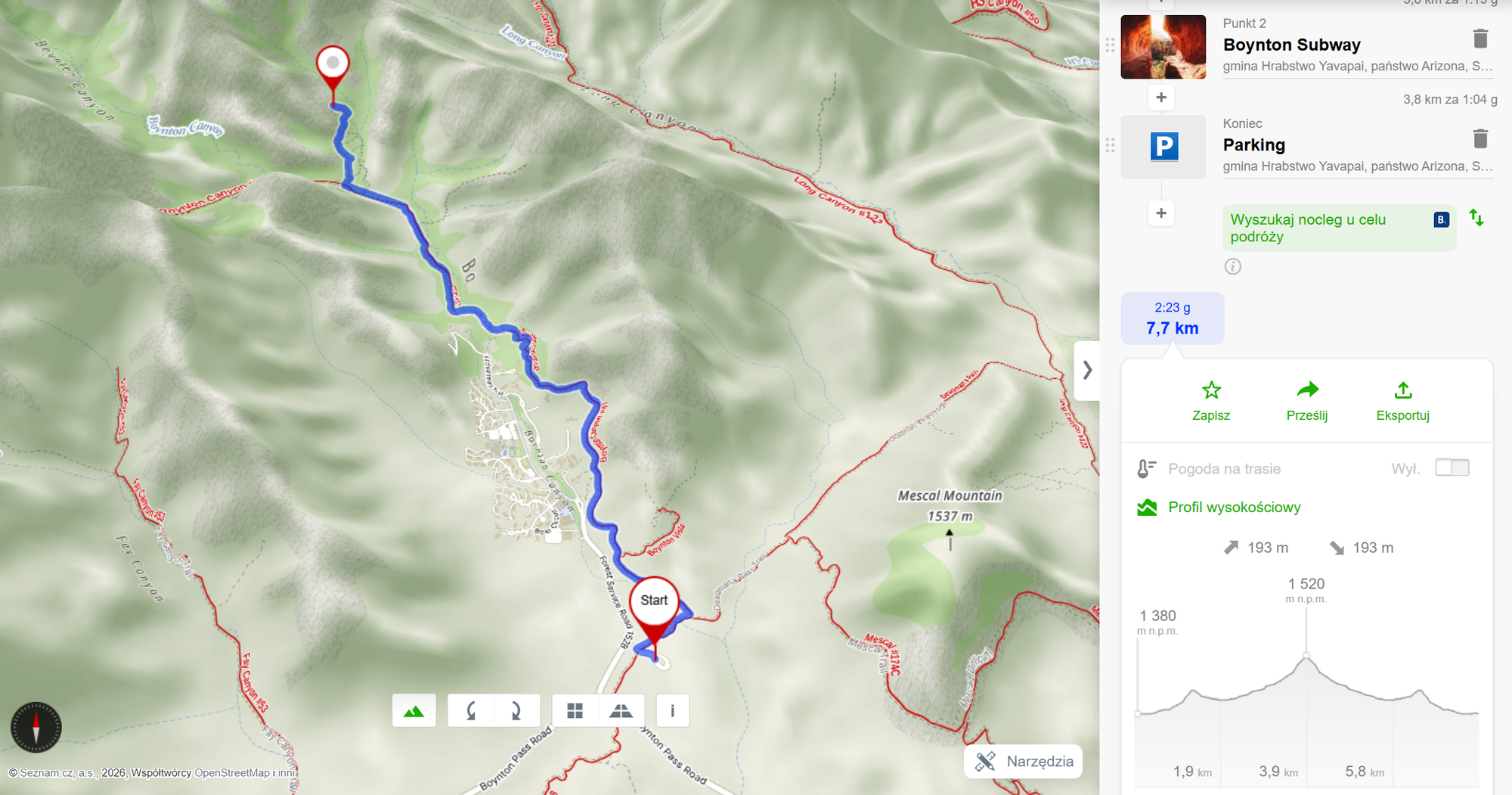 Boynton Canyon Subway Cave (out and back): 7.7km with 195m of total elevation gain (mapy.cz)