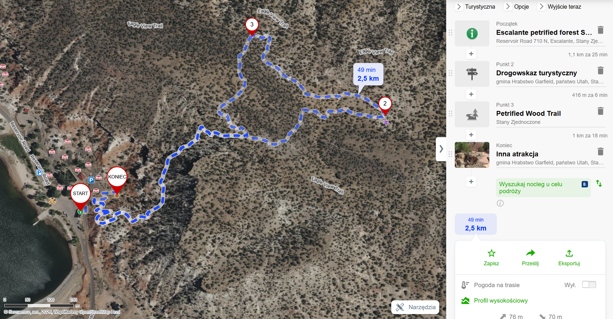 Escalante Petrified Forest State Park - Petrified Wood Trail (2,5km; 80m of elevation gain); (mapy.cz)