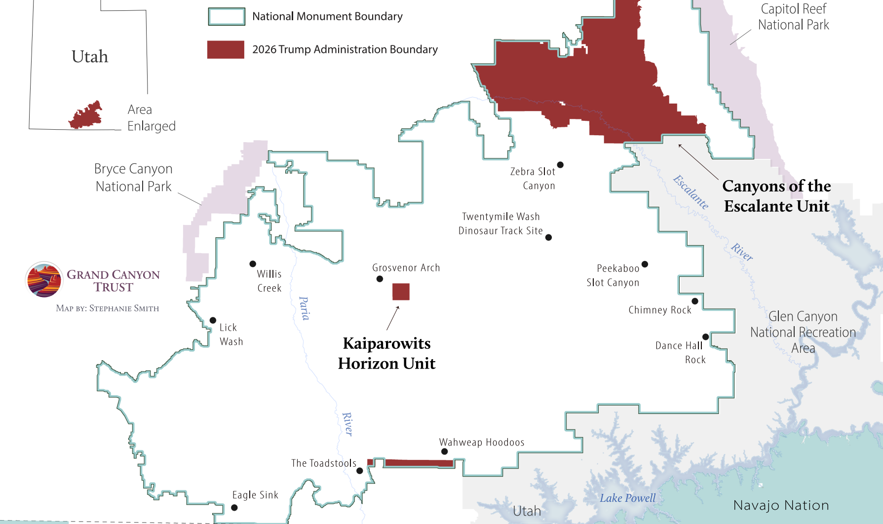 map showing cuts to Grand Staircase Escalante National Monument by Trump administration in 2026
