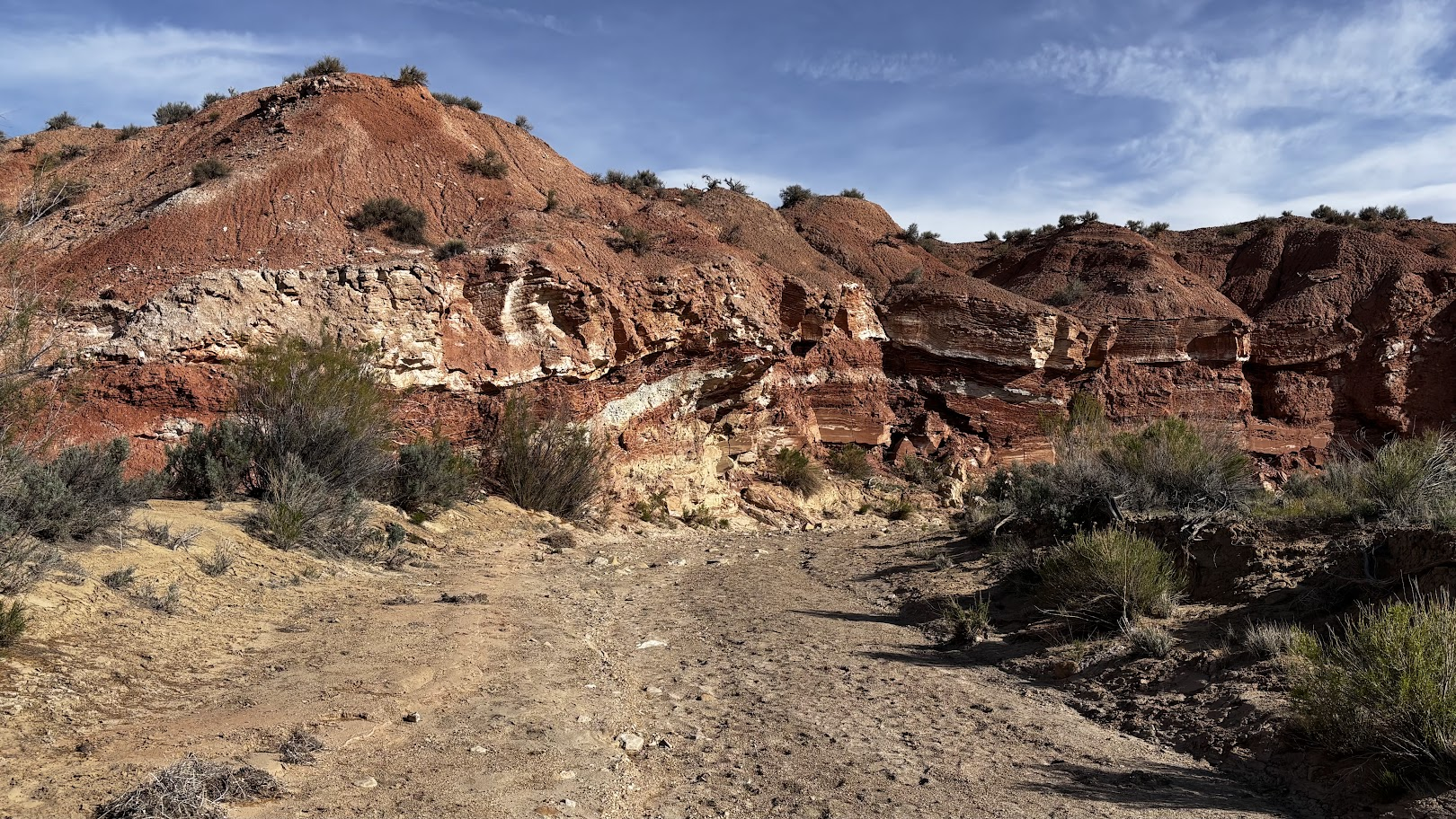 A dry wash runs between red-and-white rock formations and shrubs in what used to be Grand Stairecase Escalante National Monument