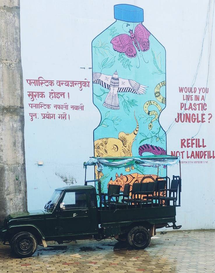 Jeep safari inside the Jungle is one of the popular activies to do for jungle visit. However, people carries alots of plastic inside causing environmental degradation. A beautiful message is painted on the wall that jeep should carry along.