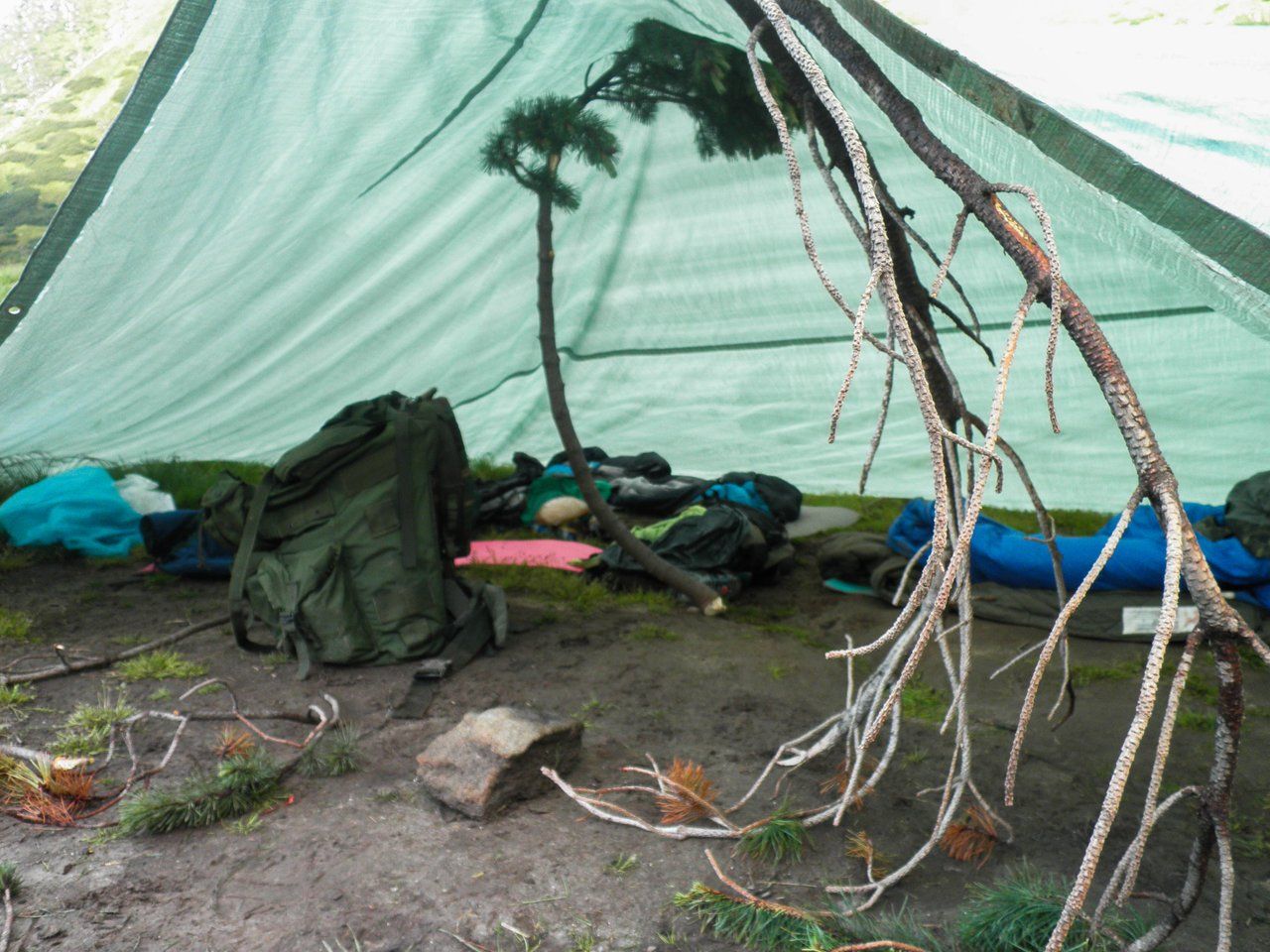 An impromptu column in our primitive tent.